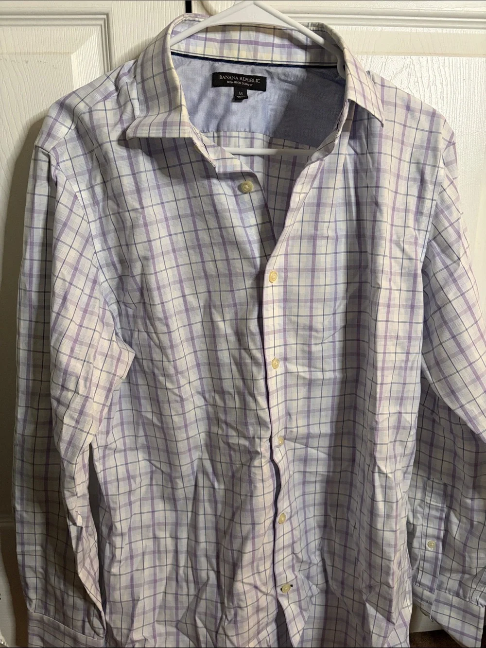 Banana Republic Men's White and Lavender Plaid Dress Shirt